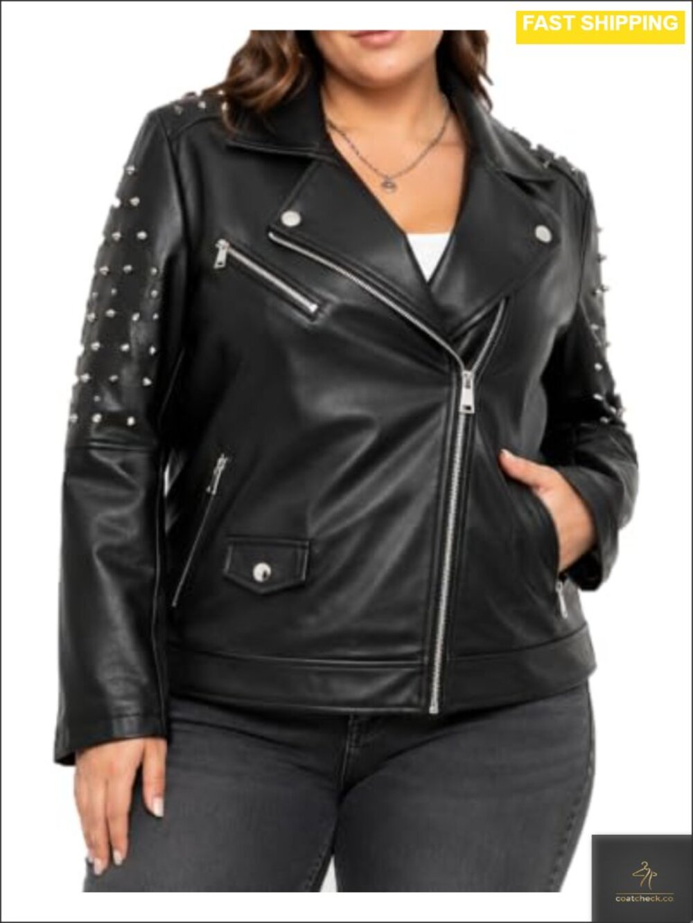 Faux Leather Moto Biker Jacket Studded Rivet Asymmetric Zip Plus Size